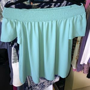 off shoulder blue shirt